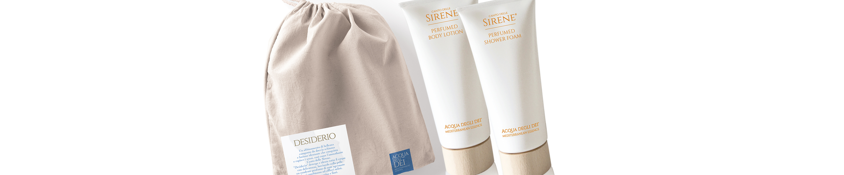 Desire body lotion and shower Canto delle sirene is sold in the practical reusable Acqua degli Dei clutch bag. 