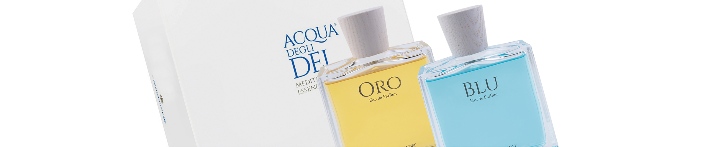 I due eau de parfum Blu e Oro nel formato da 30 ml, custoditi nell’elegante cofanetto da regalo.